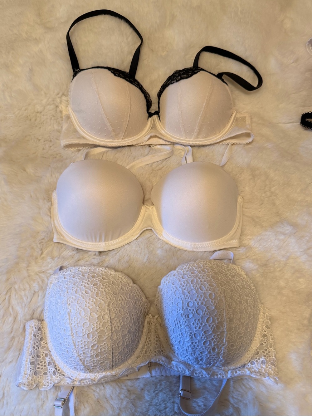PINK Victoria's Secret White Lace & Smooth Bra Trio with Black Accent